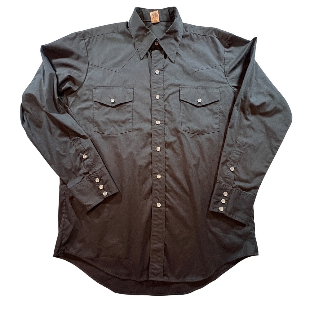 Malco Modes Western Shirt Mens 16.5 Black Pearl Snap Long Sleeve Vintage USA